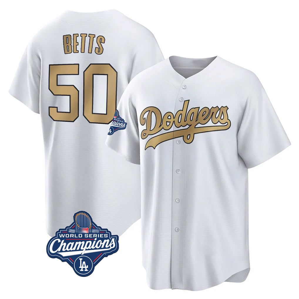 Silnrao LA.Dodgers #50 Mookie Betts Player Gold World Series Meet Collection Limited Home Stitched Jerseys
