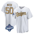 Silnrao LA.Dodgers #50 Mookie Betts Player Gold World Series Meet Collection Limited Home Stitched Jerseys