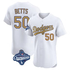 Silnrao LA.Dodgers #50 Mookie Betts Player Gold World Series Meet Limited Elite Home Stitched Jerseys