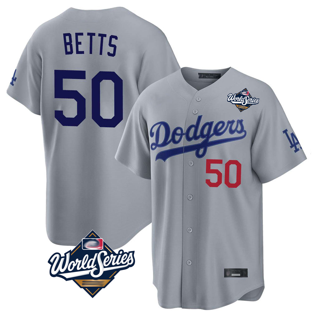 Silnrao LA.Dodgers #50 Mookie Betts Player Gray World Series Game Home Stitched Jerseys