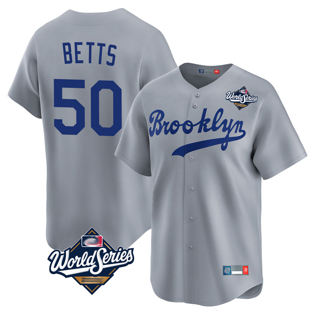Silnrao LA.Dodgers #50 Mookie Betts Player Gray World Series Game Limited Home Stitched Jerseys