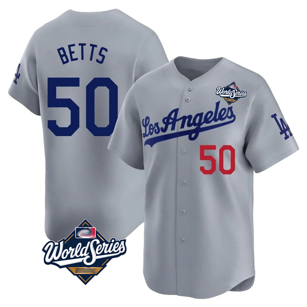 Silnrao LA.Dodgers #50 Mookie Betts Player Gray World Series Limited Home Stitched Jerseys