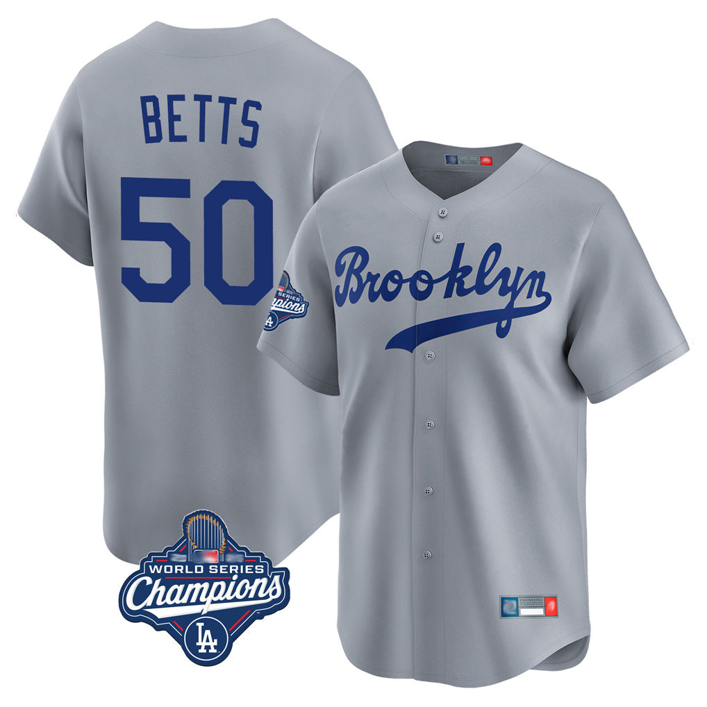 Silnrao LA.Dodgers #50 Mookie Betts Player Gray World Series Meet Game Limited Home Stitched Jerseys