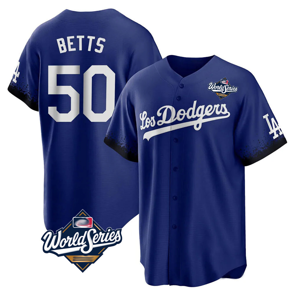 Silnrao LA.Dodgers #50 Mookie Betts Player Royal World Series City Connect Home Game Stitched Jerseys