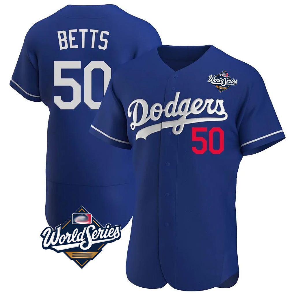Silnrao LA.Dodgers #50 Mookie Betts Player Royal World Series Limited Elite Home Stitched Jerseys
