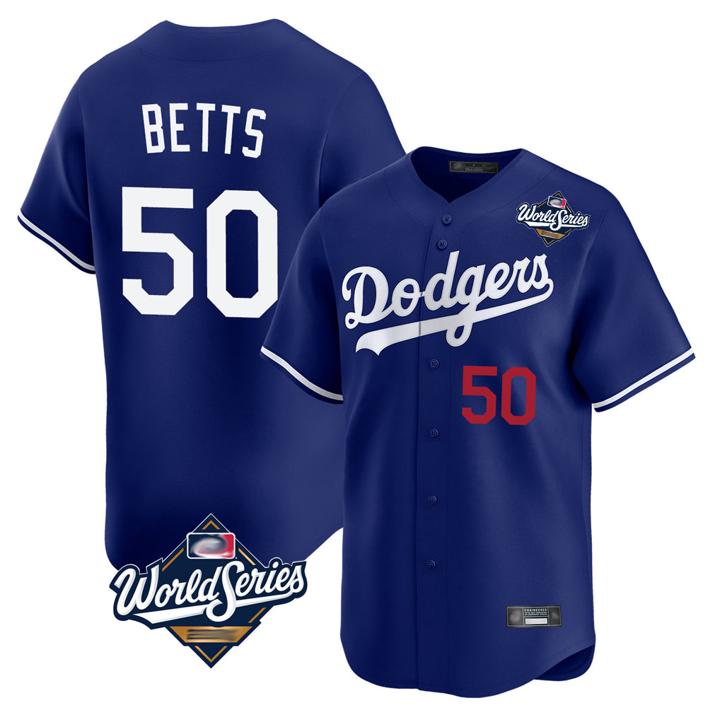 Silnrao LA.Dodgers #50 Mookie Betts Player Royal World Series Limited Home Stitched Jerseys