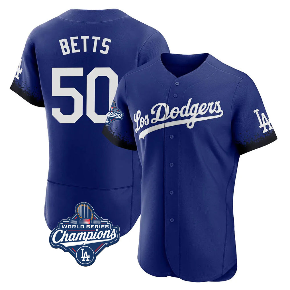 Silnrao LA.Dodgers #50 Mookie Betts Player Royal World Series Meet City Connect Elite Home Stitched Jerseys