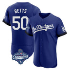 Silnrao LA.Dodgers #50 Mookie Betts Player Royal World Series Meet City Connect Elite Home Stitched Jerseys