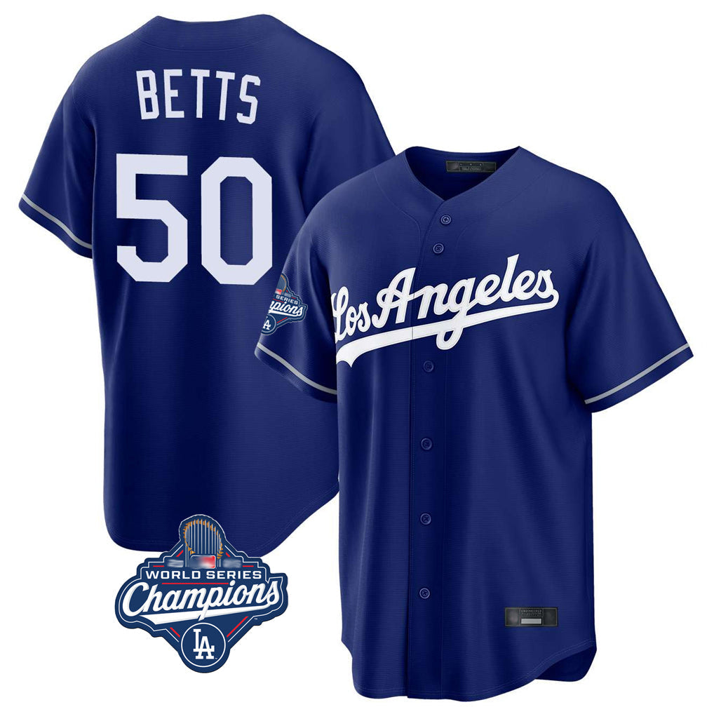 Silnrao LA.Dodgers #50 Mookie Betts Player Royal World Series Meet Game Stitched Jerseys