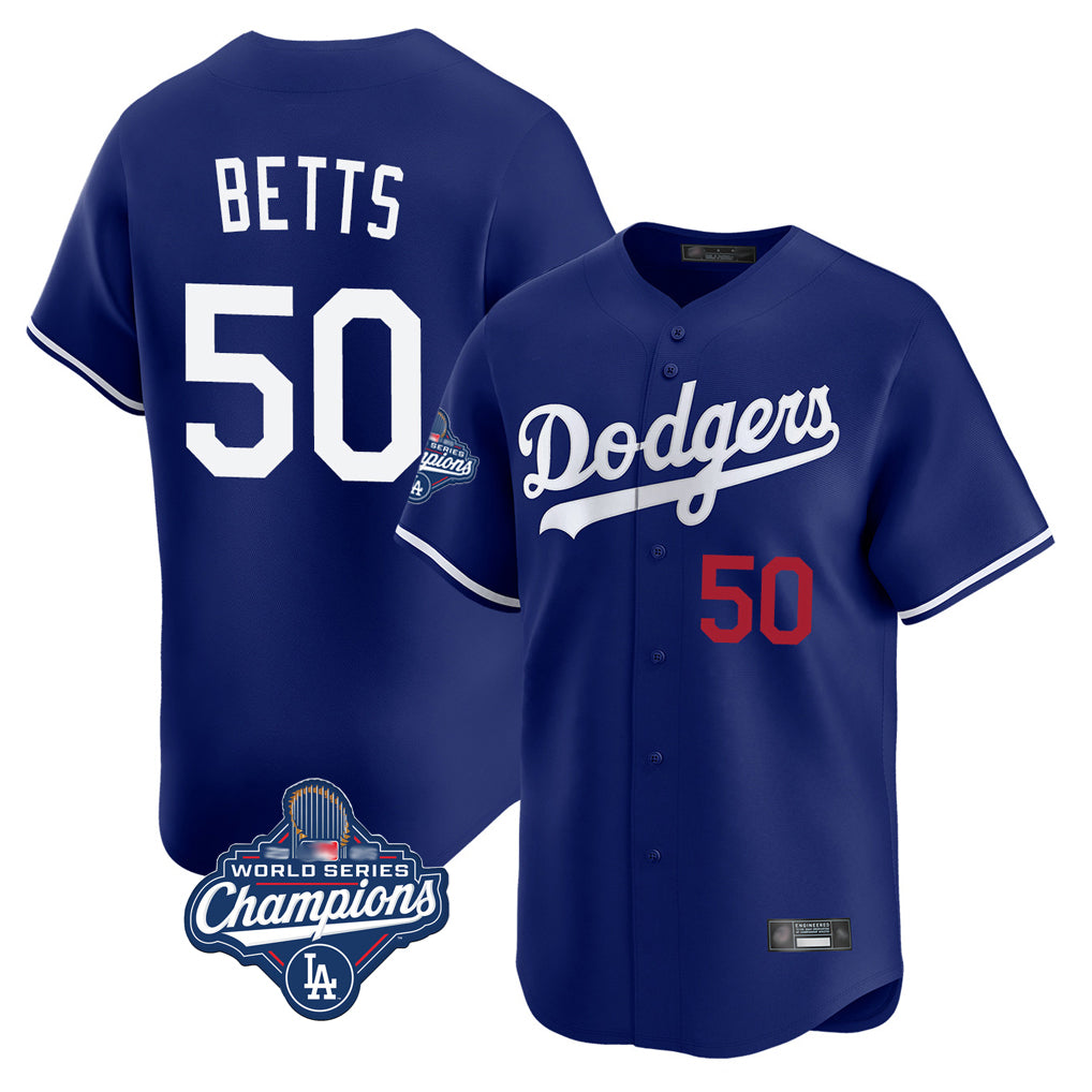 Silnrao LA.Dodgers #50 Mookie Betts Player Royal World Series Meet Limited Home Stitched Jerseys