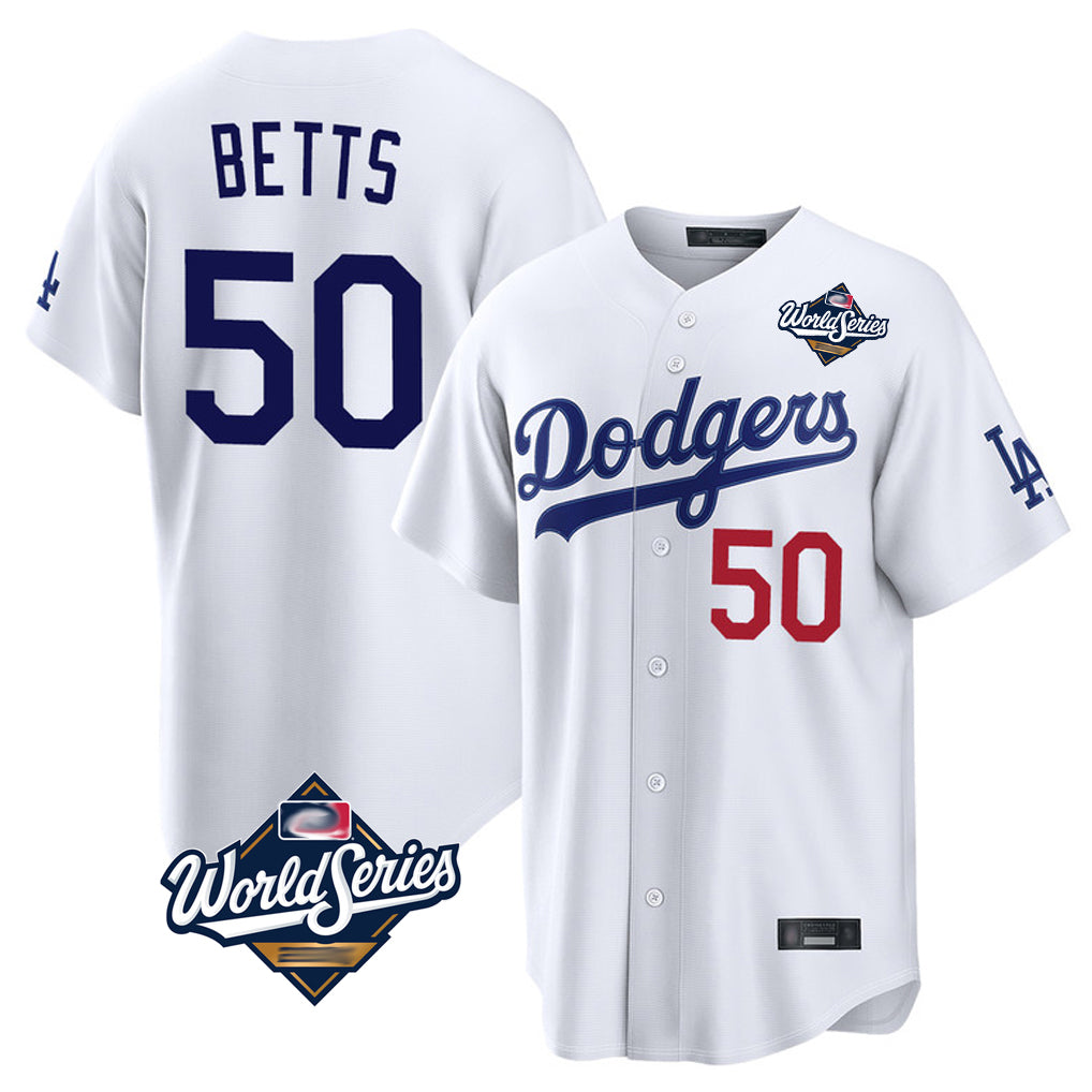 Silnrao LA.Dodgers #50 Mookie Betts Player White World Series Home Game Stitched Jerseys