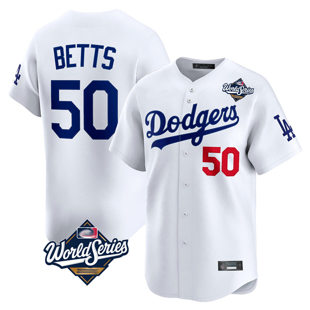 Silnrao LA.Dodgers #50 Mookie Betts Player White World Series Limited Home Stitched Jerseys