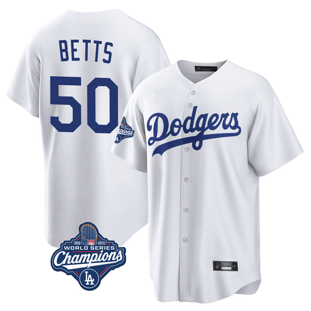 Silnrao LA.Dodgers #50 Mookie Betts Player White World Series Meet Game Home Stitched Jerseys