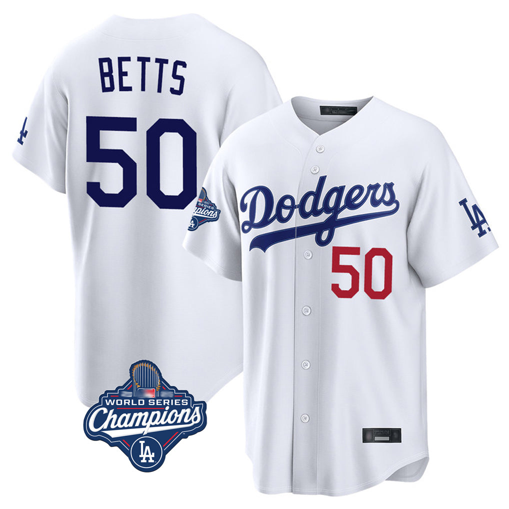Silnrao LA.Dodgers #50 Mookie Betts Player White World Series Meet Home Game Stitched Jerseys