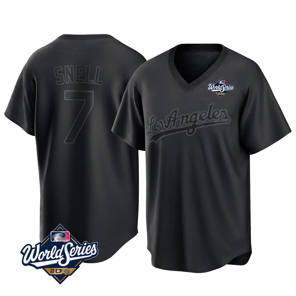 Silnrao LA.Dodgers #7 Blake Snell Player Black Pitch Fashion World Series T-shirt Stitched Jerseys