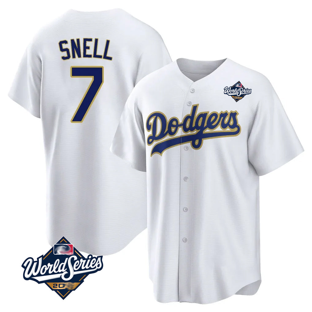 Silnrao LA.Dodgers #7 Blake Snell Player Gold White World Series Home Game Stitched Jerseys