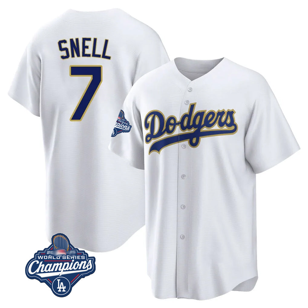 Silnrao LA.Dodgers #7 Blake Snell Player Gold White World Series Meet Home Game Stitched Jerseys