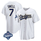 Silnrao LA.Dodgers #7 Blake Snell Player Gold White World Series Meet Home Game Stitched Jerseys