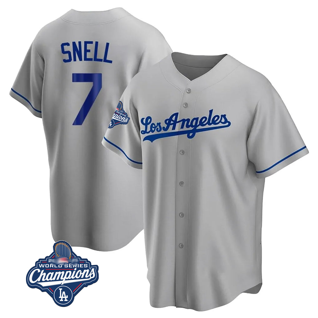 Silnrao LA.Dodgers #7 Blake Snell Player Gray World Series Meet Road Game Stitched Jerseys