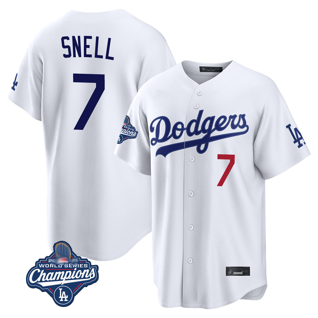 Silnrao LA.Dodgers #7 Blake Snell Player White Game World Series Meet Home Stitched Jerseys