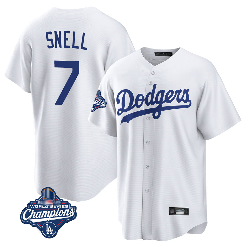 Silnrao LA.Dodgers #7 Blake Snell Player White Game World Series Meet Stitched Jerseys