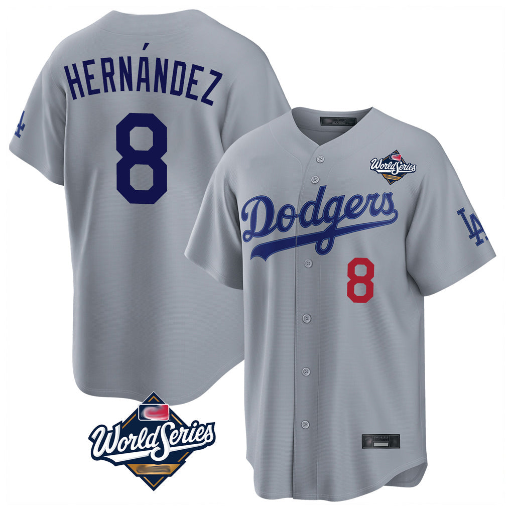 Silnrao LA.Dodgers #8 Enrique Hern¨¢ndez Player Gray World Series Game Home Stitched Jerseys