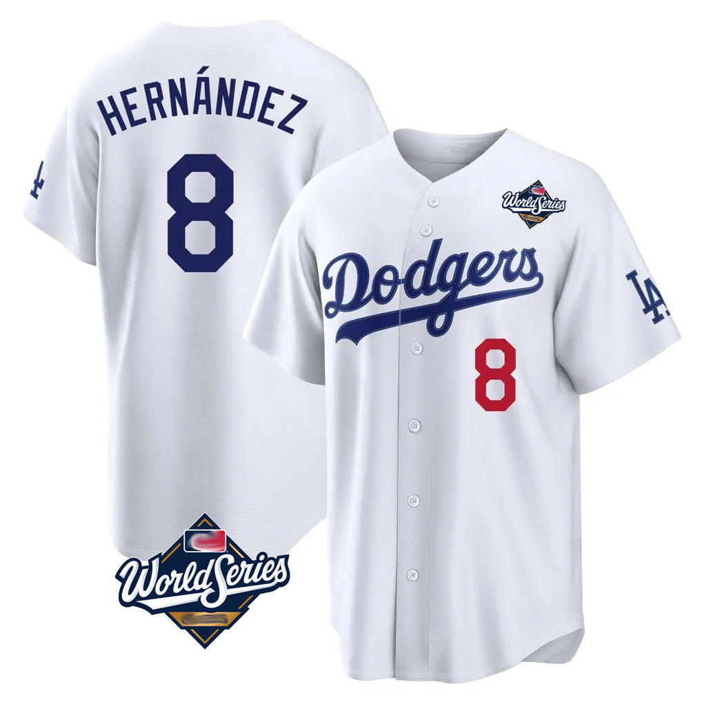 Silnrao LA.Dodgers #8 Enrique Hern¨¢ndez Player White World Series Home Game Stitched Jerseys