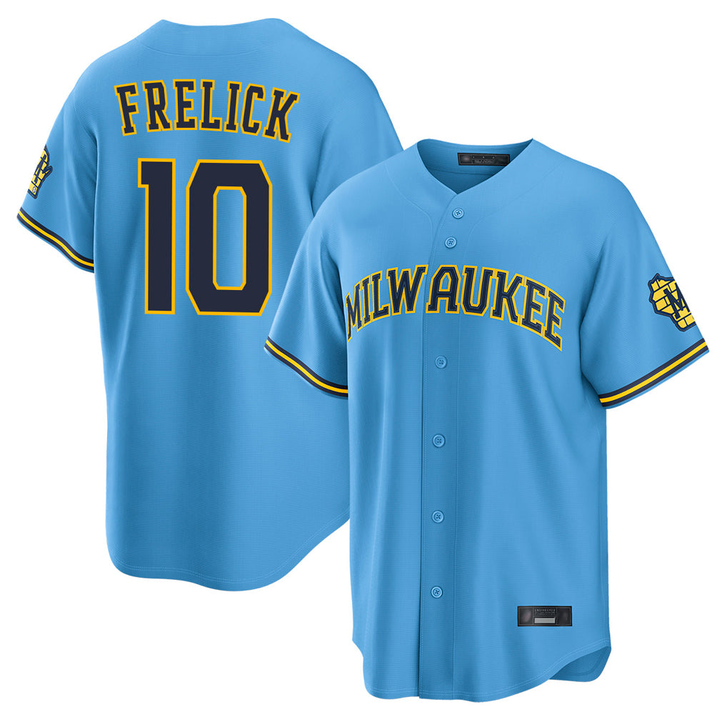 Silnrao M.Brewers #10 Sal Frelick Player Light Blue Road Stadium Game Stitched Jerseys