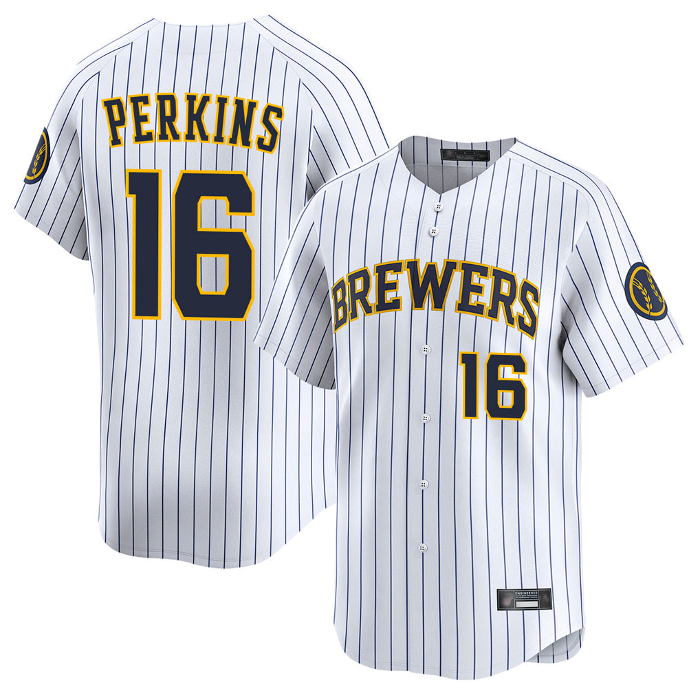 Silnrao M.Brewers #16 Blake Perkins Player White Stripes Home Limited Game Stitched Jerseys