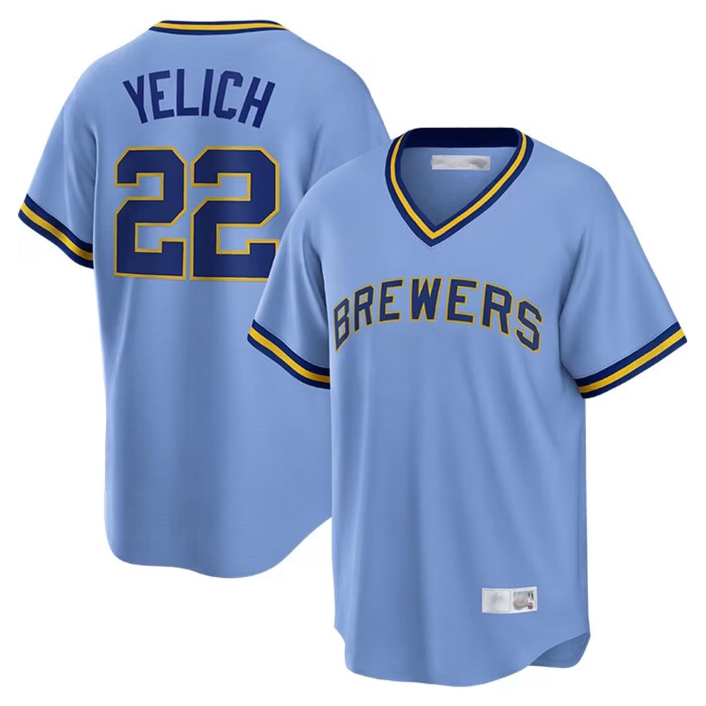 Silnrao M.Brewers #22 Christian Yelich Player Light Blue Cooperstown Collection Game T-shirt Stitched Jerseys
