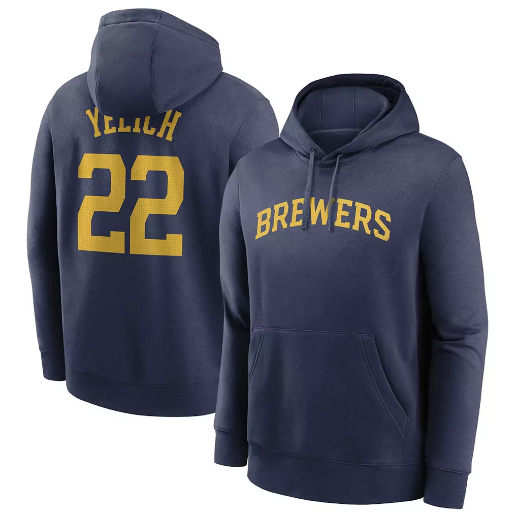 Silnrao M.Brewers #22 Christian Yelich Player Navy Club Pullover Hoodie Game Stitched Jerseys