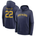 Silnrao M.Brewers #22 Christian Yelich Player Navy Club Pullover Hoodie Game Stitched Jerseys