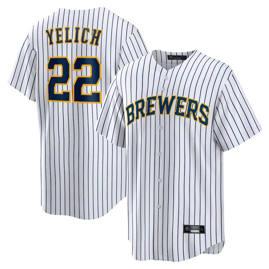 Silnrao M.Brewers #22 Christian Yelich Player White Stripes Home Game Stitched Jerseys