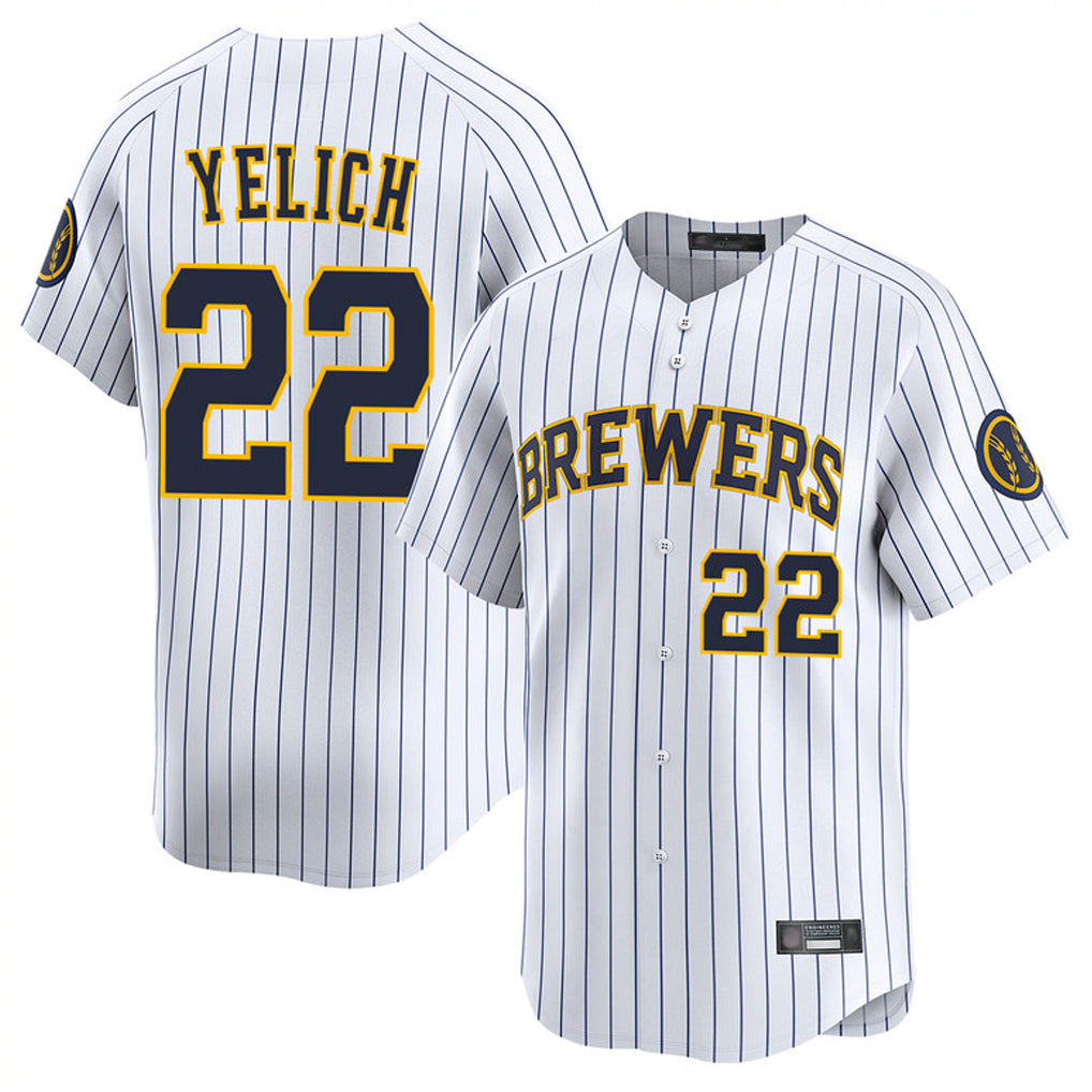 Silnrao M.Brewers #22 Christian Yelich Player White Stripes Home Limited Game Stitched Jerseys