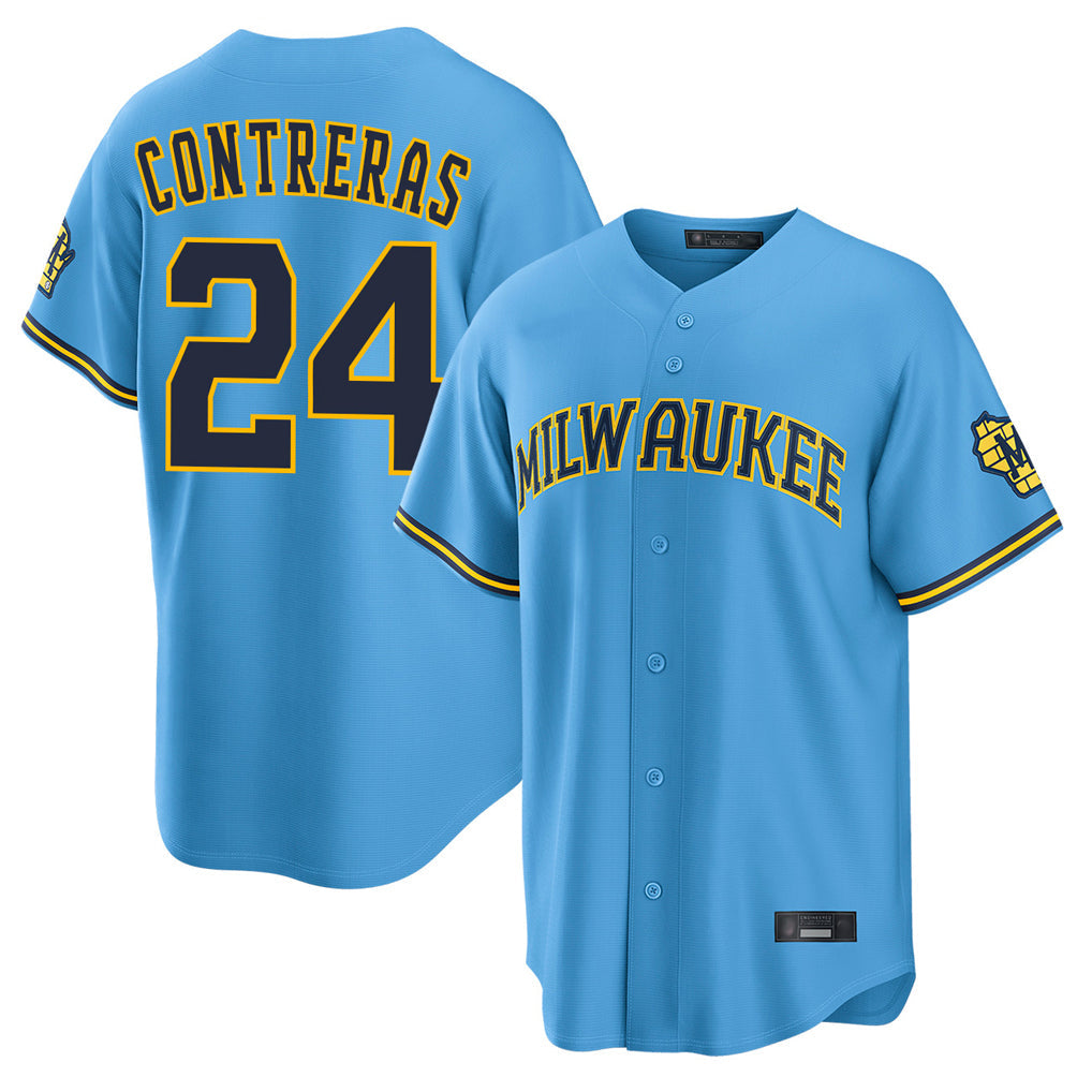 Silnrao M.Brewers #24 William Contreras Player Light Blue Road Stadium Game Stitched Jerseys
