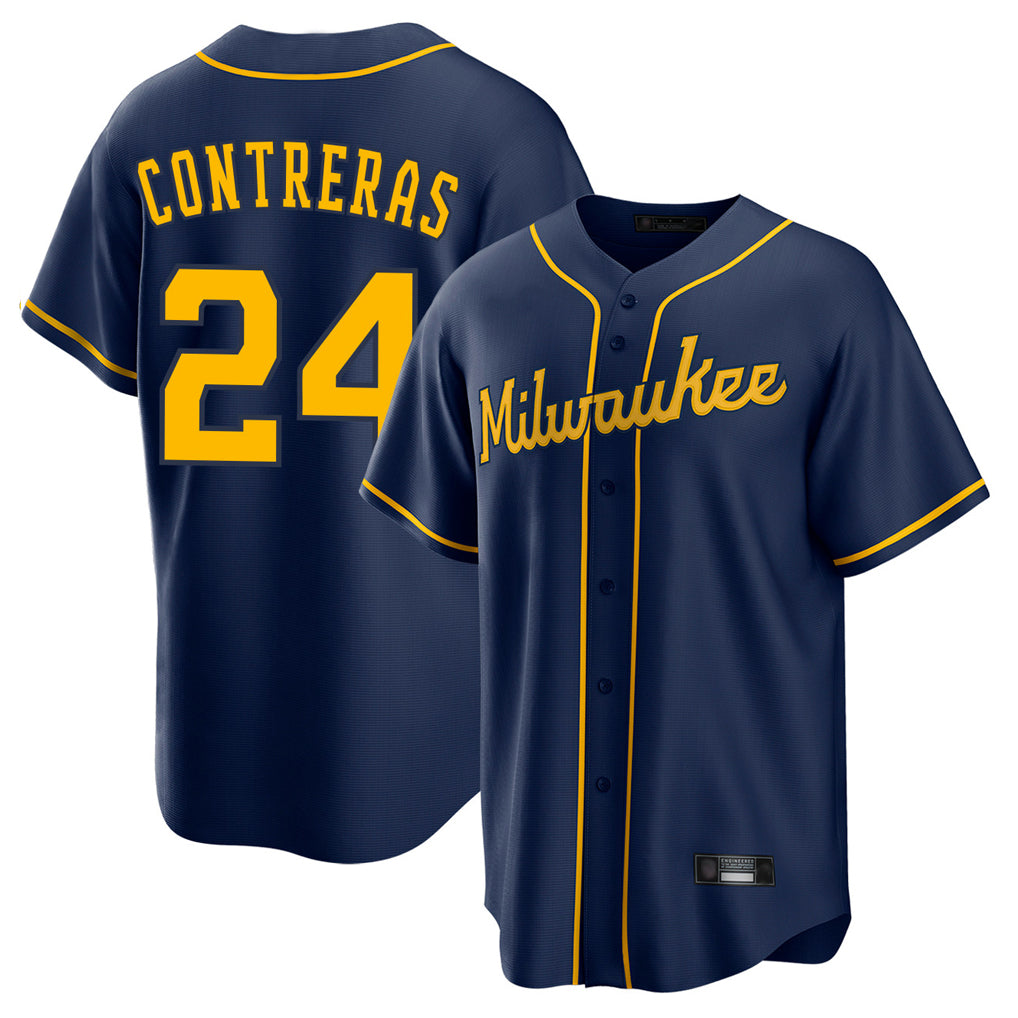 Silnrao M.Brewers #24 William Contreras Player Navy Home Game Stitched Jerseys