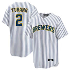 Silnrao M.Brewers #2 Brice Turang Player White Stripes Home Game Stitched Jerseys