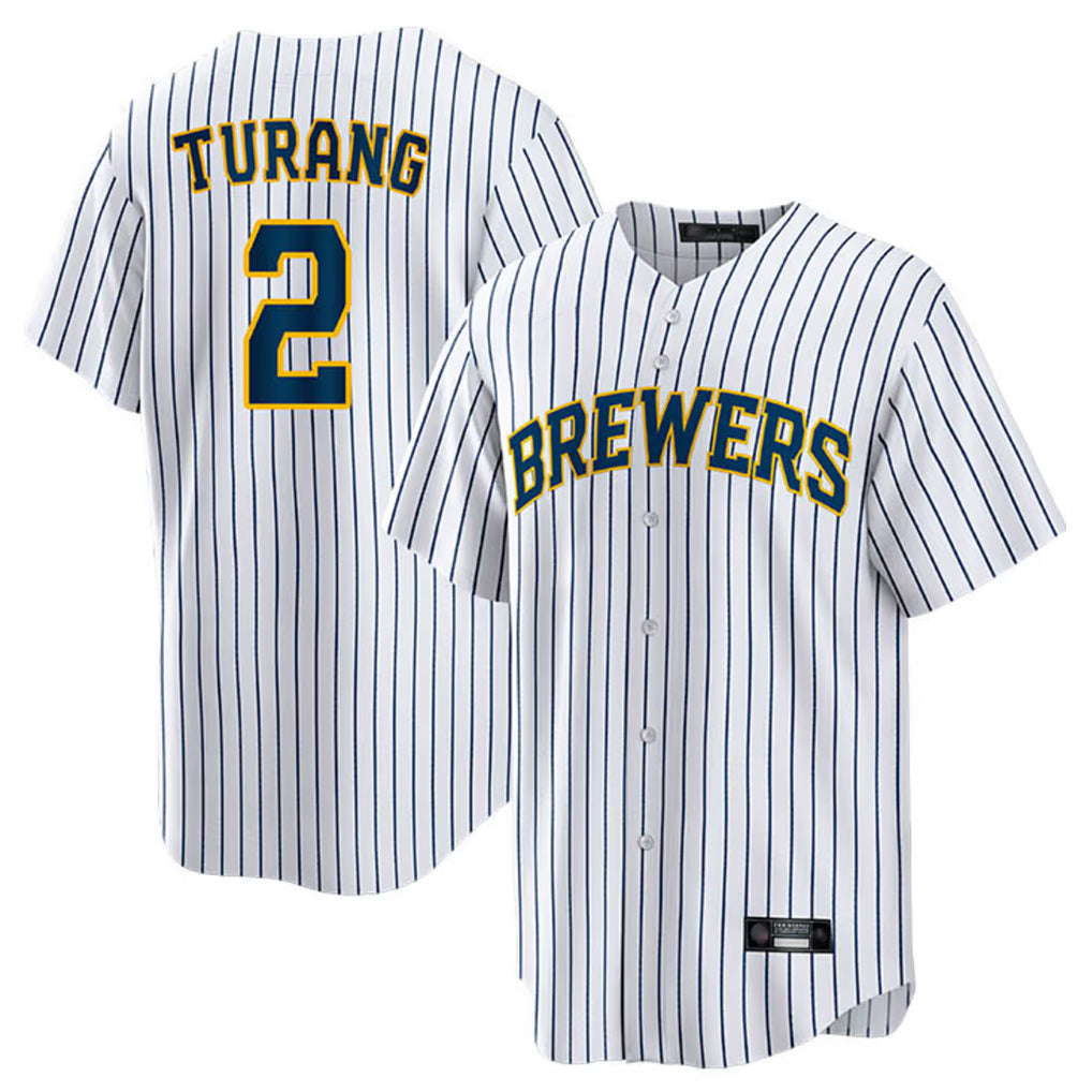 Silnrao M.Brewers #2 Brice Turang Player White Stripes Home Game Stitched Jerseys