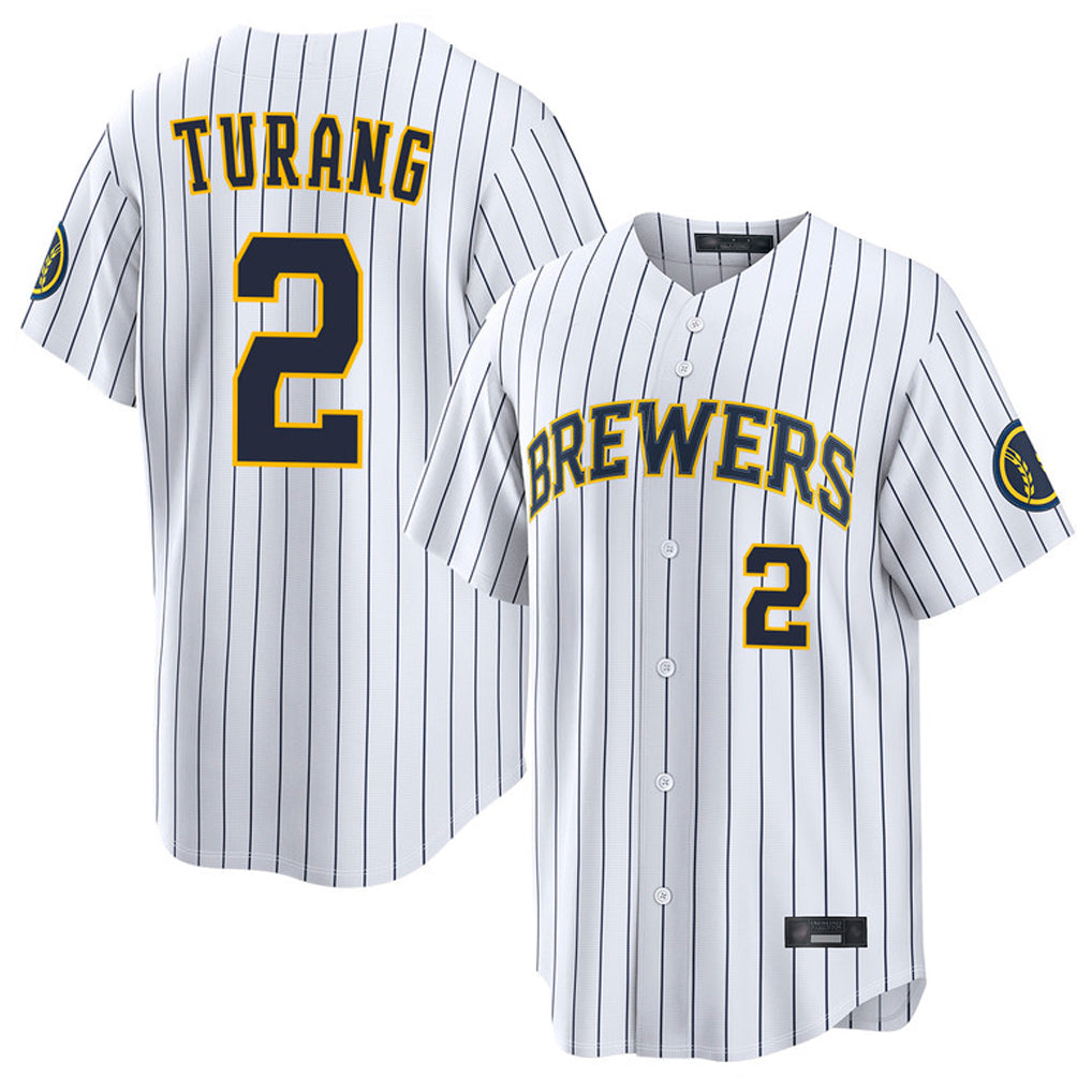 Silnrao M.Brewers #2 Brice Turang Player White Stripes Home Limited Game Stitched Jerseys