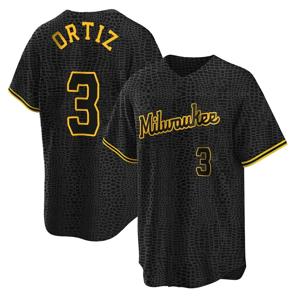 Silnrao M.Brewers #3 Joey Ortiz Player Black Snake Skin City Home Game Stitched Jerseys