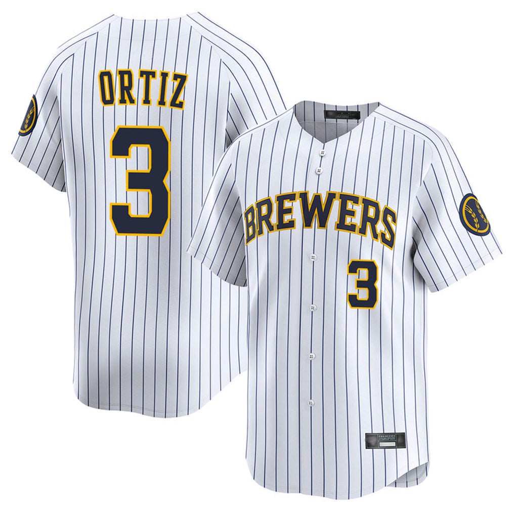 Silnrao M.Brewers #3 Joey Ortiz Player White Stripes Home Limited Game Stitched Jerseys