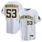 Silnrao M.Brewers #53 Brandon Woodruff Player White Stripes Home Limited Game Stitched Jerseys