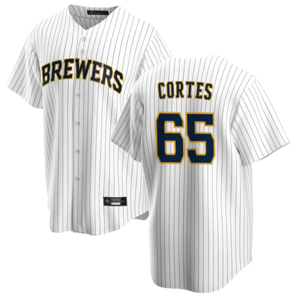 Silnrao M.Brewers #65 Nestor Cortes Player White Stripes Home Game Stitched Jerseys