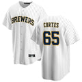 Silnrao M.Brewers #65 Nestor Cortes Player White Stripes Home Game Stitched Jerseys
