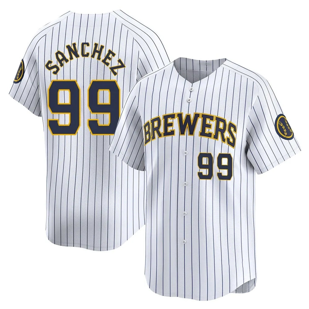 Silnrao M.Brewers #99 Gary Sanchez Player White Stripes Home Game Stitched Jerseys