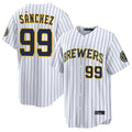 Silnrao M.Brewers #99 Gary Sanchez Player White Stripes Home Limited Game Stitched Jerseys