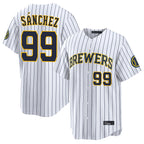 Silnrao M.Brewers #99 Gary Sanchez Player White Stripes Home Limited Game Stitched Jerseys