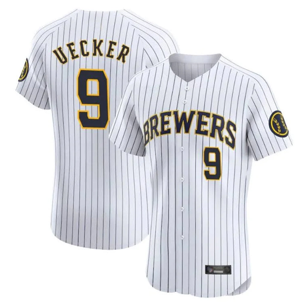 Silnrao M.Brewers #9 Bob Uecker Player White Stripes Home Limited Elite Stitched Jerseys