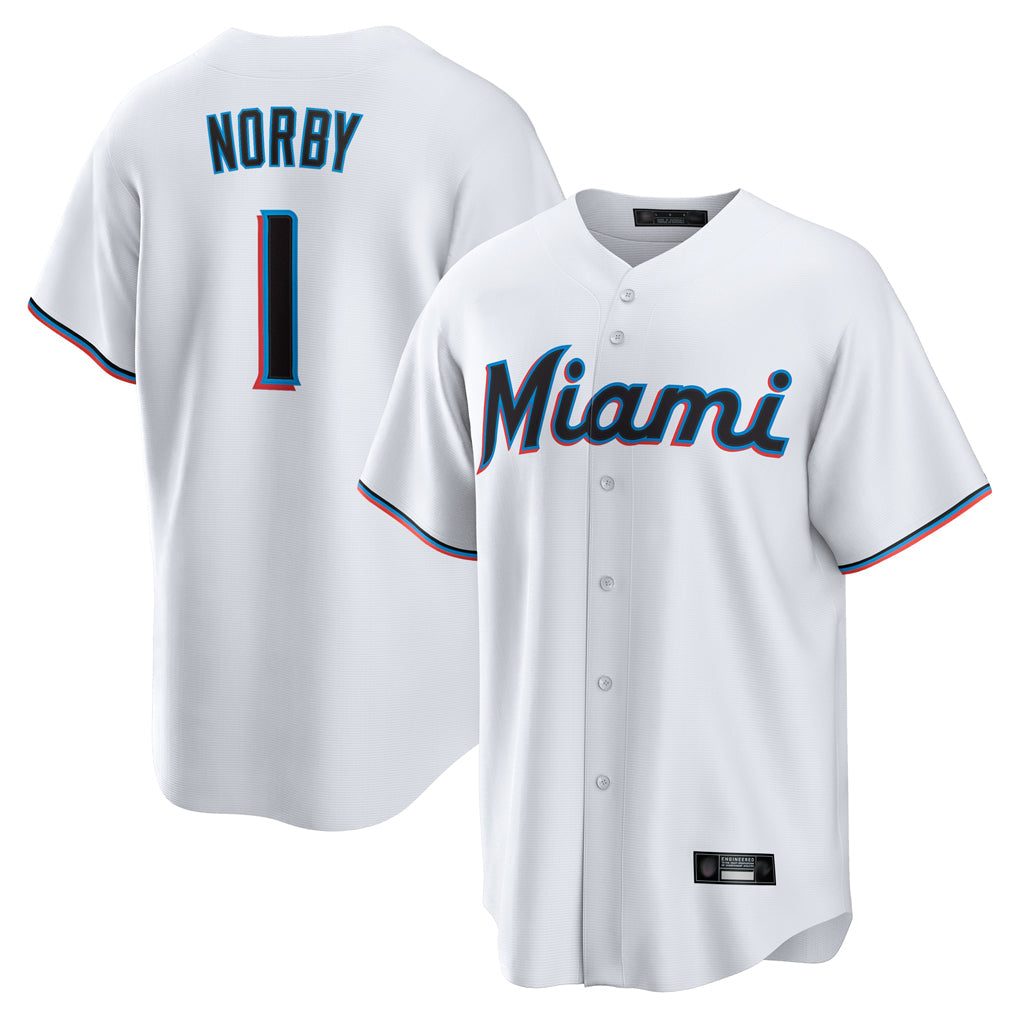 Silnrao M.Marlins #1 Connor Norby Player White  Home Game Stitched Jerseys