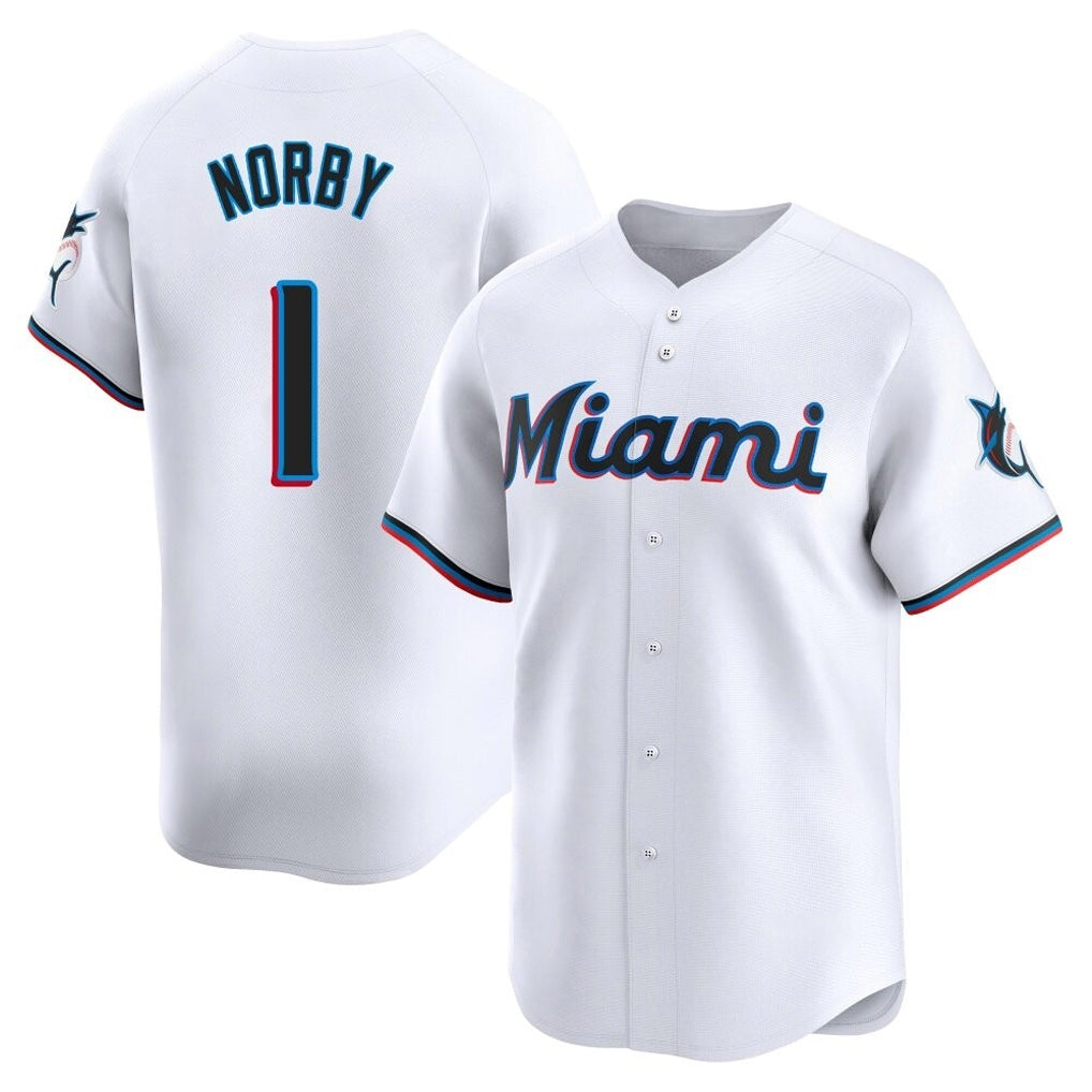 Silnrao M.Marlins #1 Connor Norby Player White  Home Limited Stitched Jerseys
